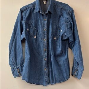 Vintage Rockies Blue Denim Shirt with Gold Buttons, hand painted on back